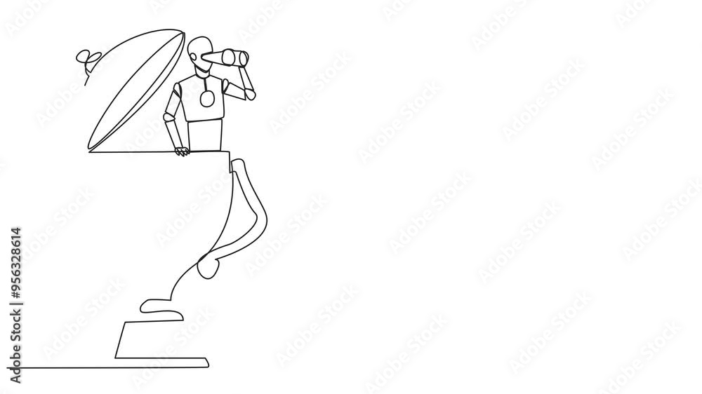 Poster animated self drawing of single continuous line drawing a robot emerges from trophy looking for some