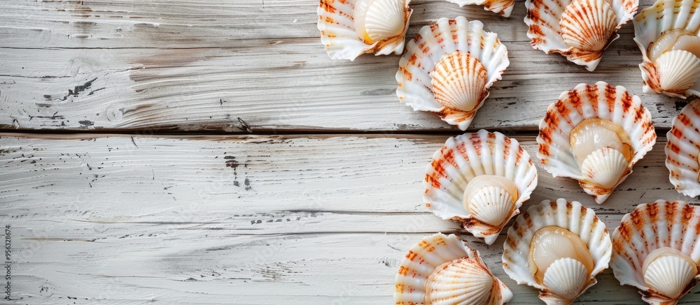 Leinwandbilder Scallops arranged on a wooden surface with a white backdrop seen from above offering a clear space for text or additional elements in the image
