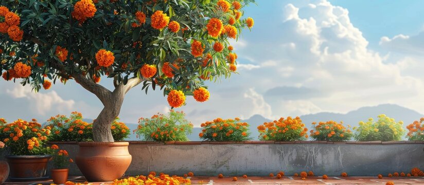 Marigold tree on a rooftop with orange flowers provides a captivating copy space image