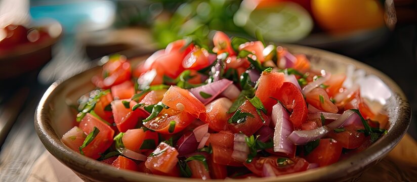 Chopped tomato salad with onion in a vinaigrette dressing presented in a refreshing vibrant dish for a copy space image