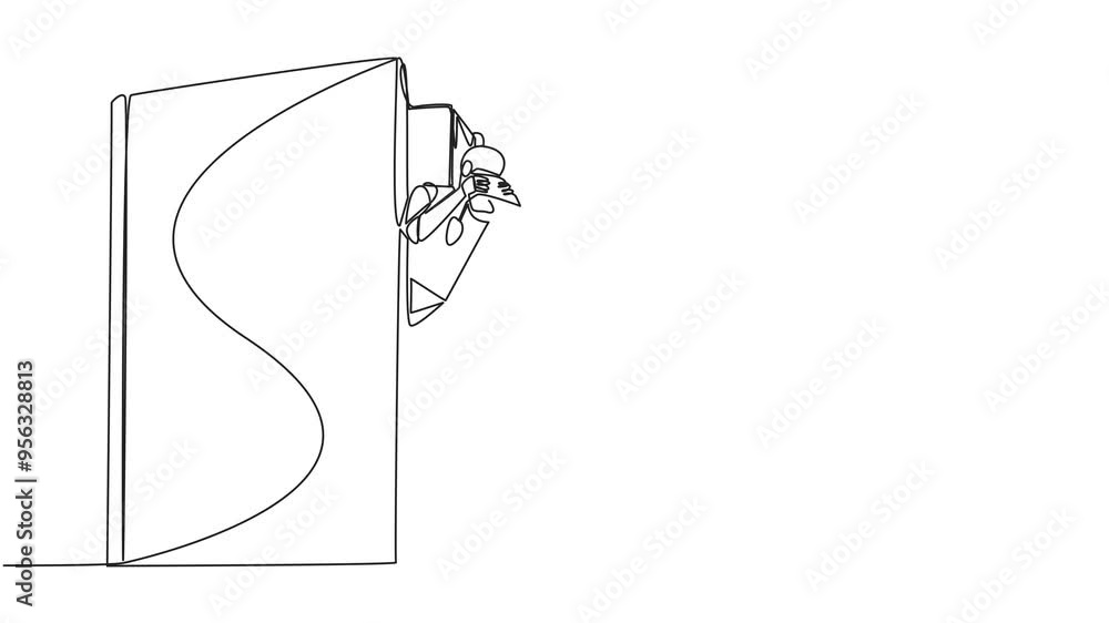 Poster animated self drawing of single one line drawing a smart robot emerges from an old book looking for 