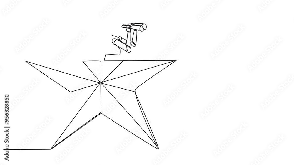 Poster self drawing animation of continuous one line drawing smart robot emerges from star shape look for s