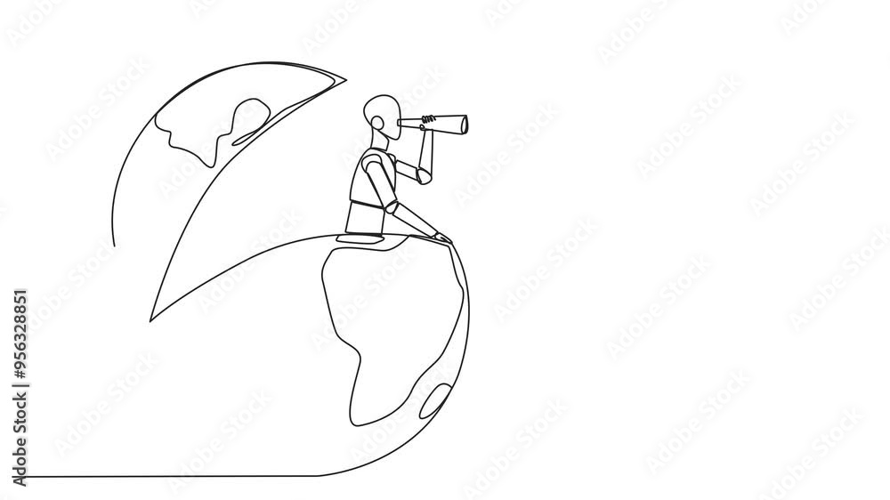 Poster animation of single continuous line drawing smart robot appears from the globe looking for something