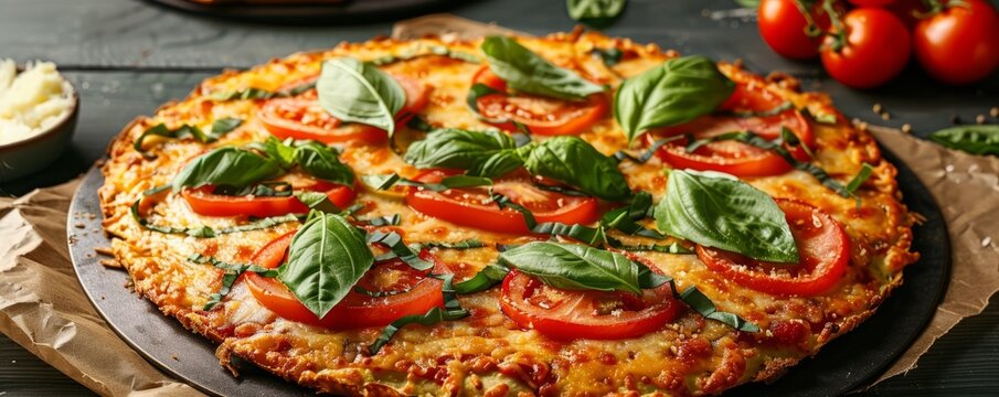 Cauliflower crust pizza with fresh basil and tomatoes, 4K hyperrealistic photo