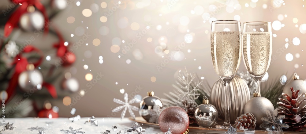 Poster close up image of a festive new year table decorated with champagne silver baubles and a christmas g