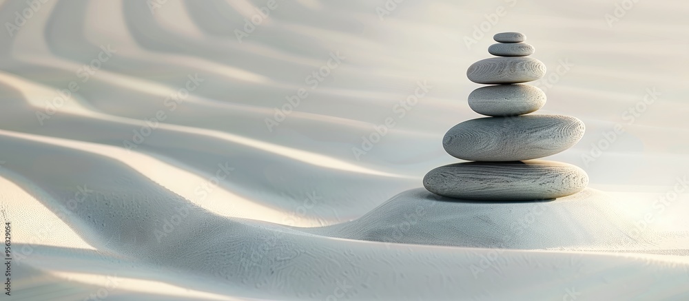 Aufkleber minimalistic zen garden showcasing a stack of balanced pebbles in a serene white sand pattern suitab