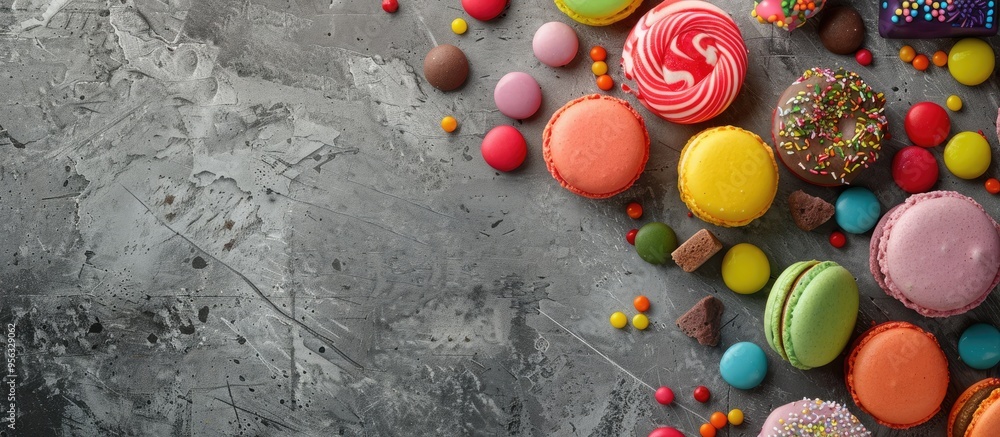 Poster colorful candies lollipops and macaroons displayed with copy space image on a stone surface