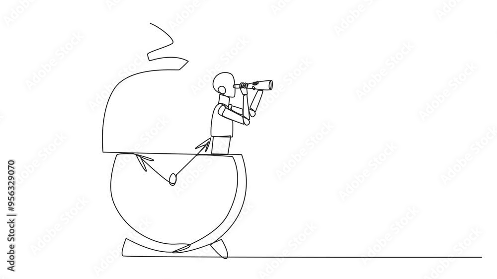 Poster animated self drawing of single continuous line drawing smart robot appears from the alarm clock loo