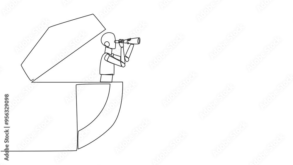 Poster self drawing animation of single one line drawing a smart robot emerges from the shield looking for 