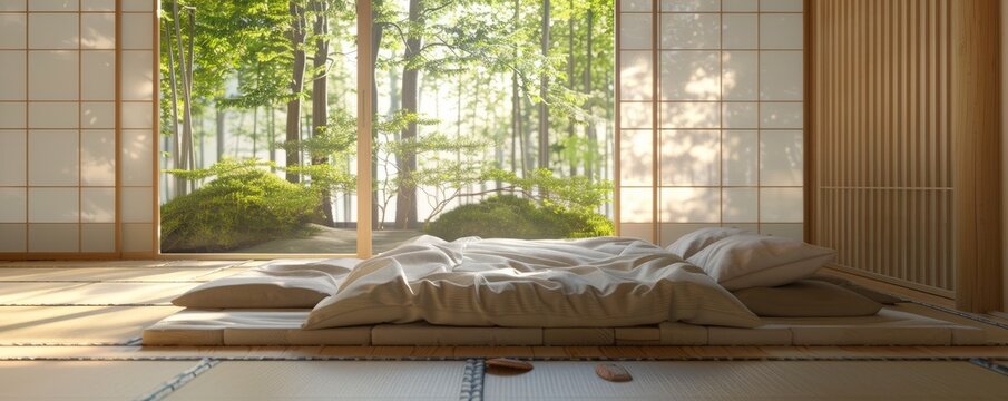 Zen bedroom with a Japanese futon and natural materials, 4K hyperrealistic photo