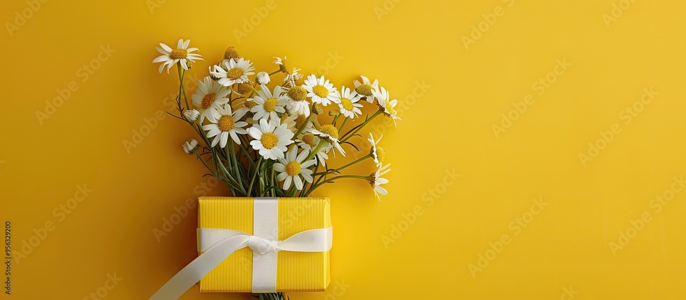 Poster top view of a gift box with a white ribbon and a bunch of chamomile flowers on a bright yellow backd