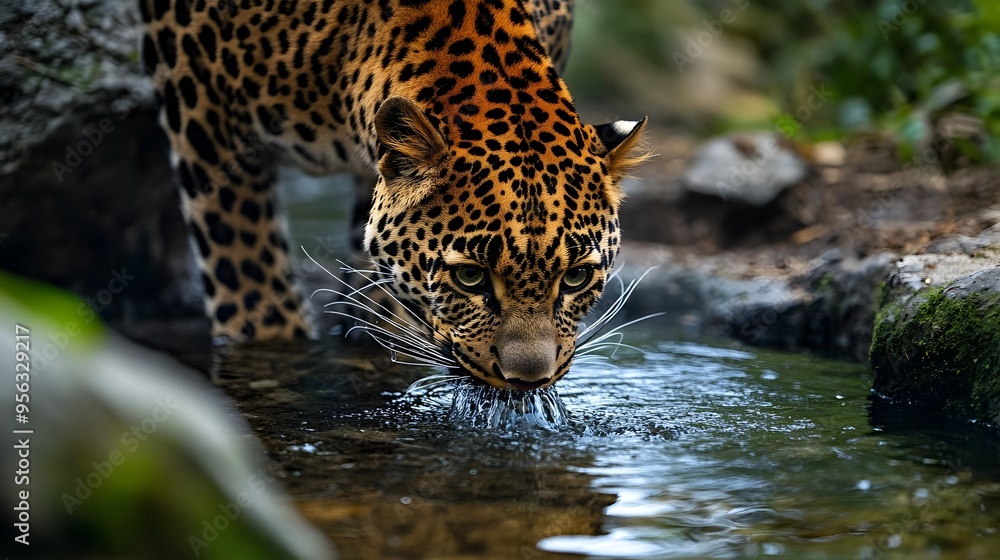Aufkleber majestic leopard drinking from a serene stream in its natural habitat with ample space for text over