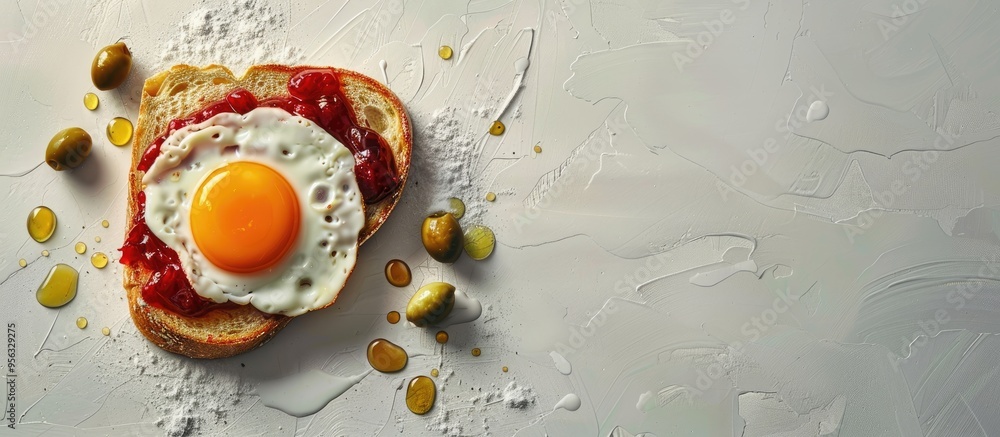 Poster An enticing image of a fried egg on toast with a variety of spreads including olives and jam set against a plain background with ample space for text