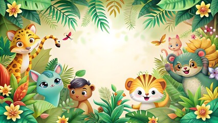 colorful floral border and playful jungle animals vibrant nature frame design