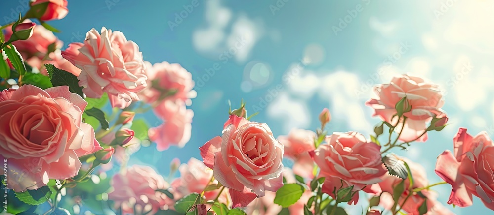 Poster close up view of roses against a blue sky background with ample copy space image