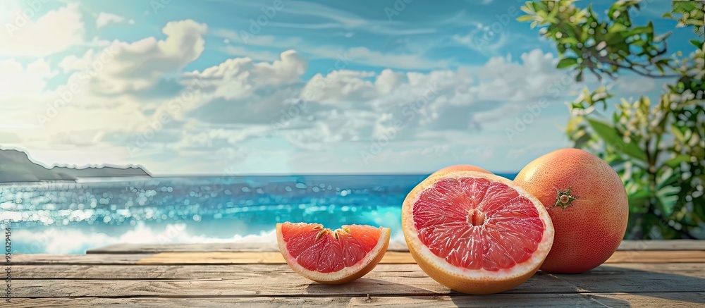 Poster fresh grapefruit halves on a wooden table with a scenic sea and sky background for a copy space imag