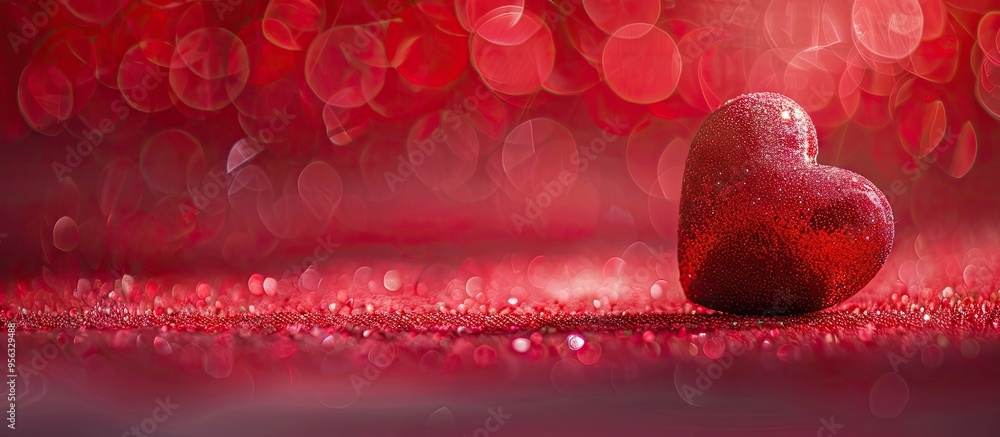 Poster A stunning holiday background showcases a red heart on a red backdrop with highlights ideal for Valentine s Day or wedding day wishes with ample room for text in the image