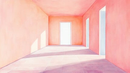 Bright, serene interior of a minimalist room with pastel pink walls and open doors, creating an inviting and airy atmosphere.