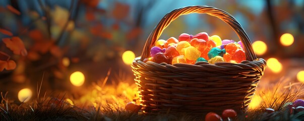Fototapeta premium A vibrant basket filled with colorful candies, illuminated by soft lights, set in a dreamy autumn atmosphere.