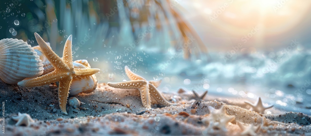 Fototapete A beach themed setting with seashells or starfish on a table surface featuring a blank area for text known as a copy space image