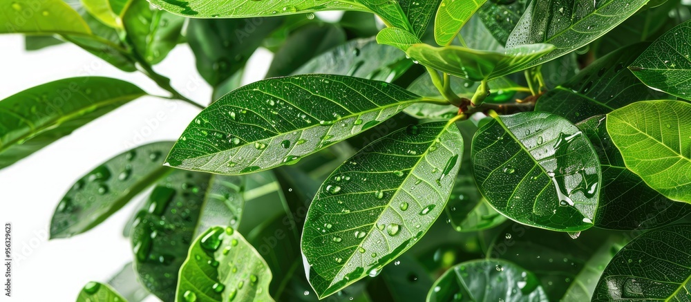 Poster Close up of a walnut tree with vibrant green leaves and raindrops isolated on a white background perfect as a botanical backdrop with room for text in the image. Creative banner. Copyspace image