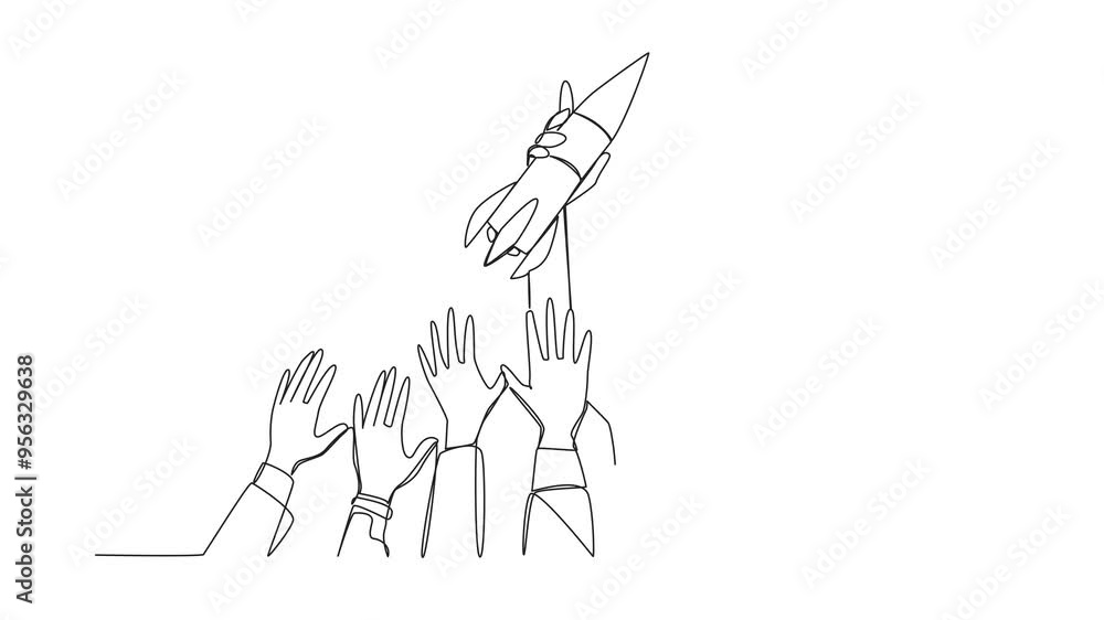 Poster animation of a single one line drawing of hands fighting over a small rocket. a metaphor for sharing