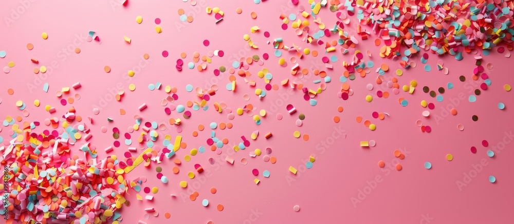 Poster top down view of a vivid array of confetti on a pink backdrop with ample copy space image
