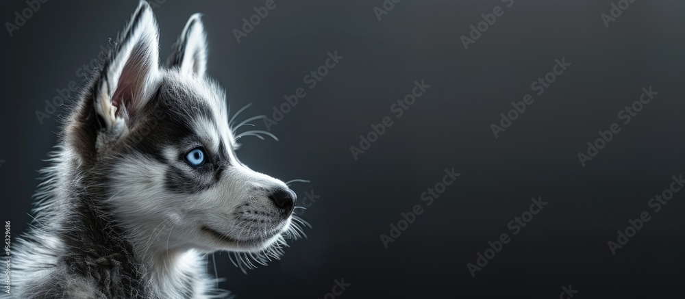 Poster a stunning husky puppy with mesmerizing blue eyes is seated gazing in a direction opposite to the co