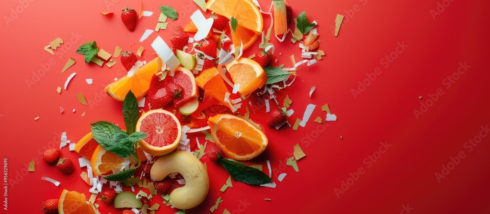 Poster conceptual healthy living symbol on paper pieces with red background featuring copy space image