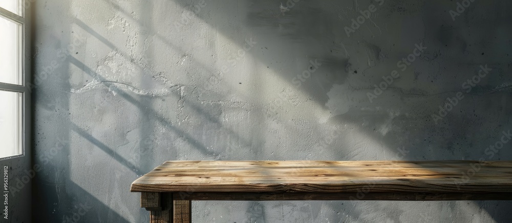 Poster wooden table with an aesthetic look placed against a gray wall with a window overlay creating a visu