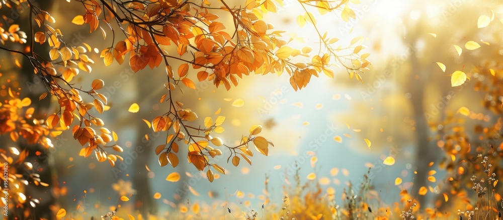 Aufkleber golden autumn scene in the forest with branches adorned in yellow leaves creating a natural backgrou