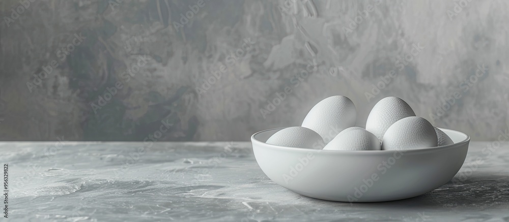 Aufkleber copy space image of white bowl with boiled eggs on gray background
