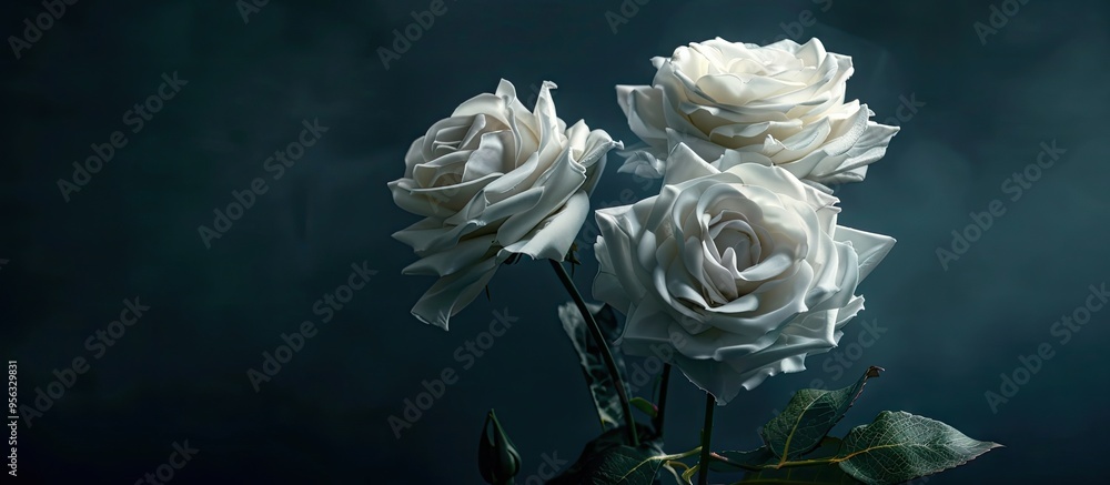 Poster Artificial white roses creating a floral arrangement on a dark backdrop providing a copy space image for text inclusion