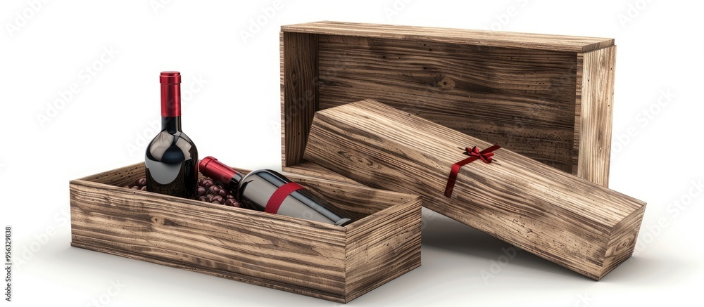 Poster Wooden gift boxes containing wine depicted in a picture with empty space for text or other images. Creative banner. Copyspace image