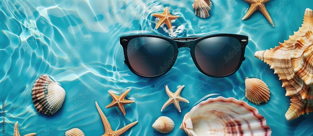 Leinwandbilder top view of sunglasses on a summer themed background with a seashell providing space for text or ima