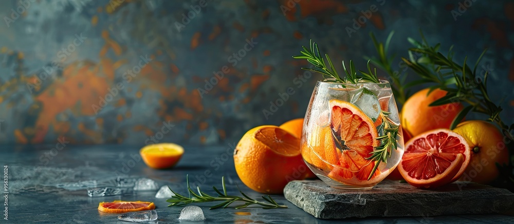 Aufkleber gin and tonic cocktail with ice rosemary and grapefruit on a stone table surrounded by citrus fruits