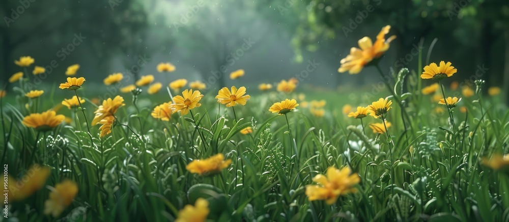 Poster close up of wild yellow summer flowers in a green field with copy space image