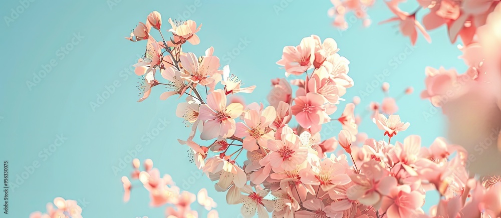 Aufkleber a beautiful apricot tree in bloom with delicate pink white flowers against a clear blue sky backgrou