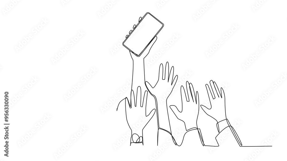 Poster animated self drawing of single continuous line drawing hands fighting for handphone. the latest tec