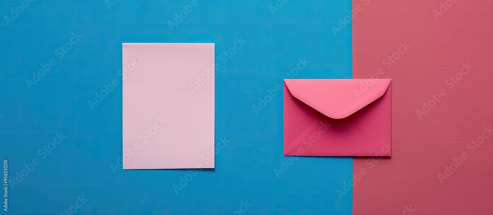 Poster from an aerial perspective a white paper list lays on a vibrant blue surface next to a pink envelope