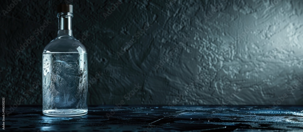 Poster Closeup of a bottle of vodka on a dark table with ample copy space for text or images