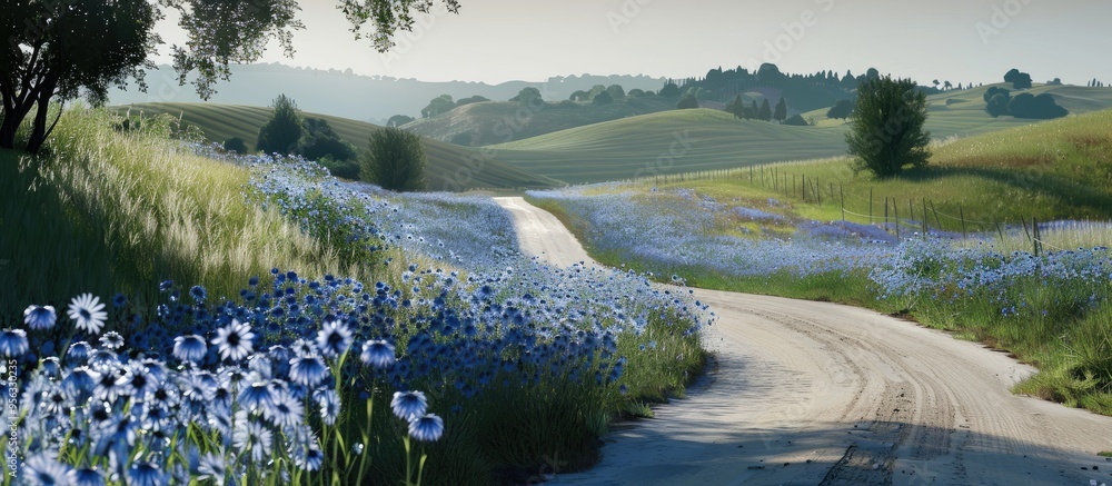 Poster cornflowers blossoming in a field next to a rural road with a scenic backdrop for a copy space image