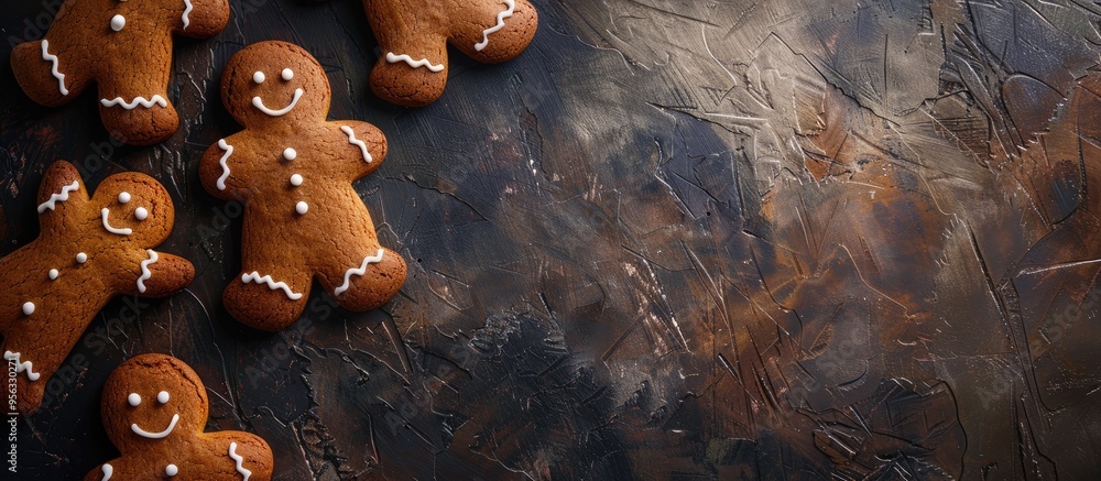 Poster different sized gingerbread men on a dark rustic background seen from above with copy space image