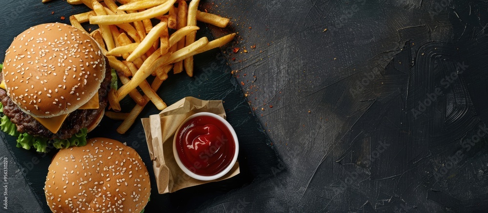 Poster Top view of a fast food burger menu with fries and ketchup on a black background including a copy space image