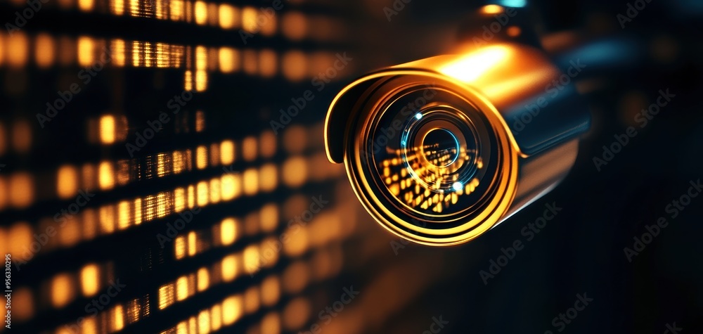 Aufkleber close-up of a surveillance camera capturing vibrant light patterns, symbolizing security and technol
