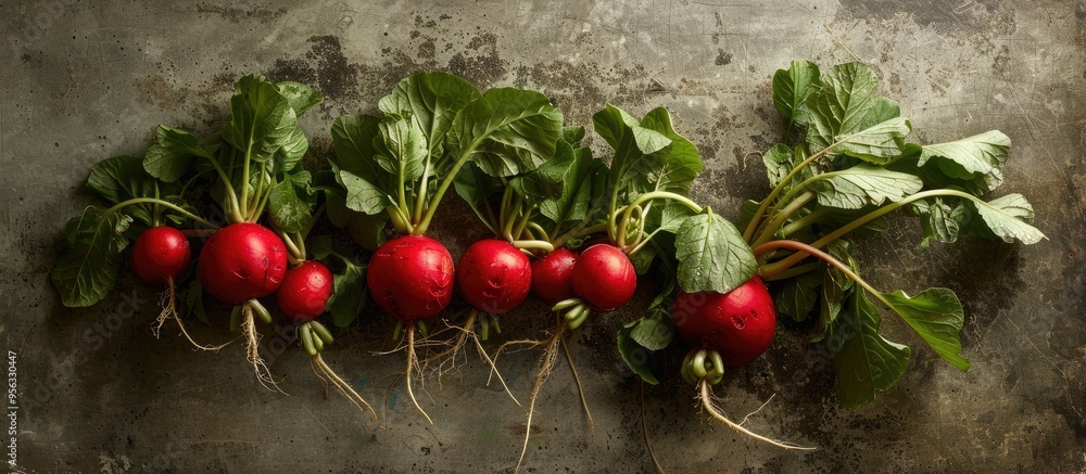 Poster radishes from a fresh organic farm displayed on a textured gray background with copy space image