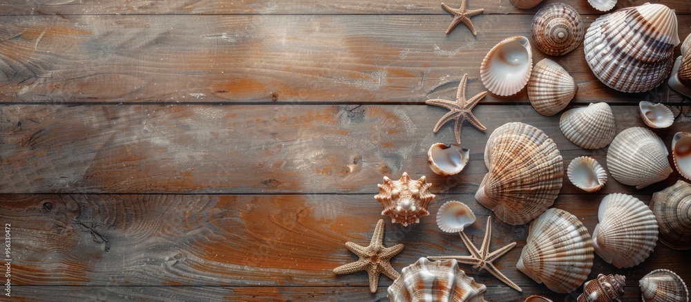 Poster top view of sea shells in various sizes shapes and colors on a brown wooden surface with a close up 