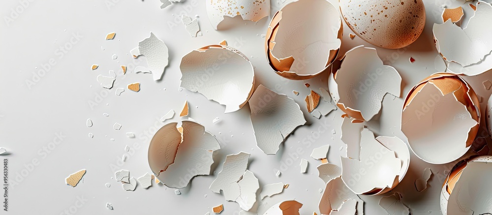 Poster cracked eggshells on a white backdrop with copy space image