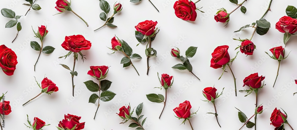 Poster Top down view of vibrant red roses displayed against a white backdrop in a flat lay composition with plenty of copy space image