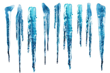 set of blue ice icicles isolated on white or transparent png